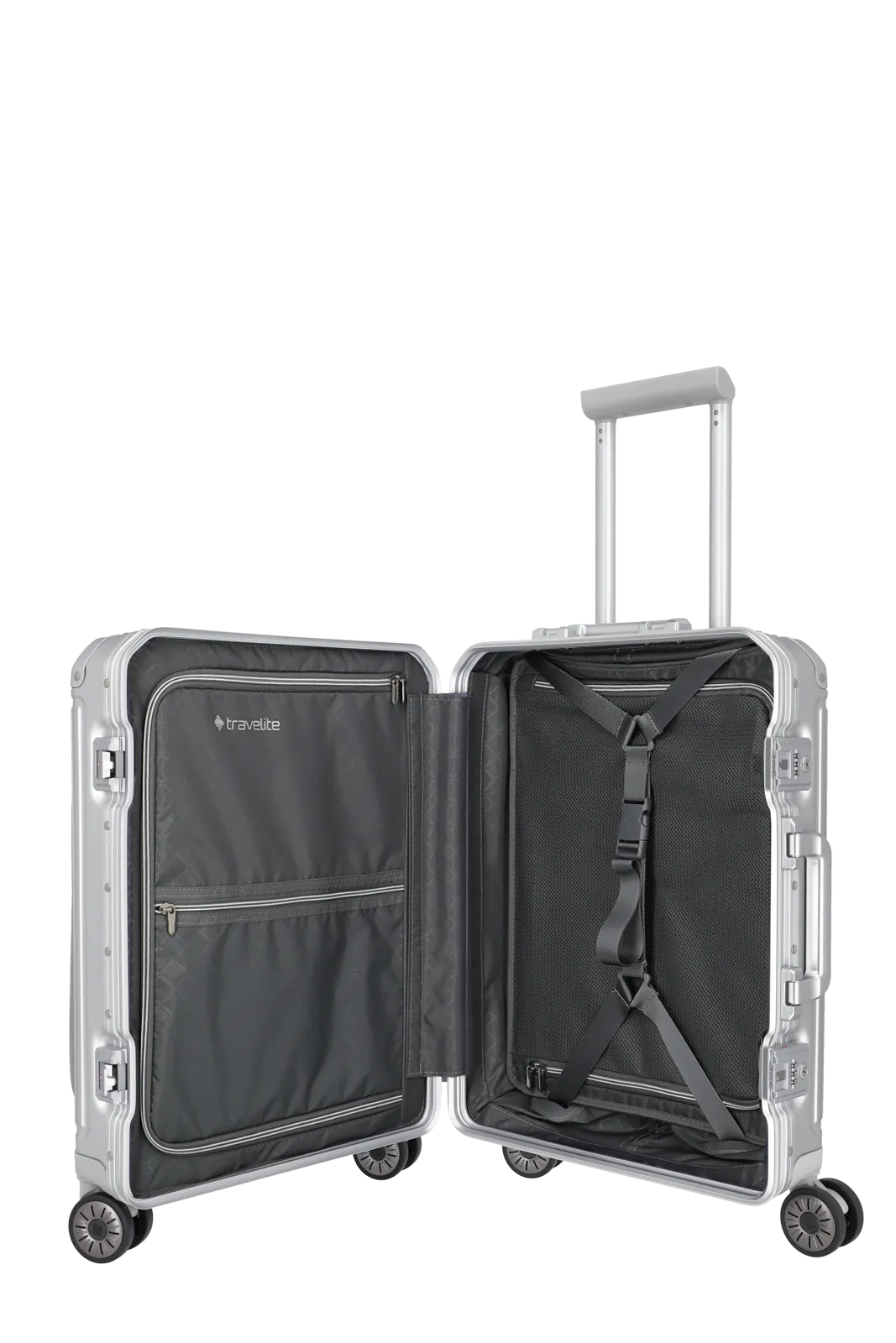 Travelite Next Aluminium Trolley 55cm + Vortasche silber 