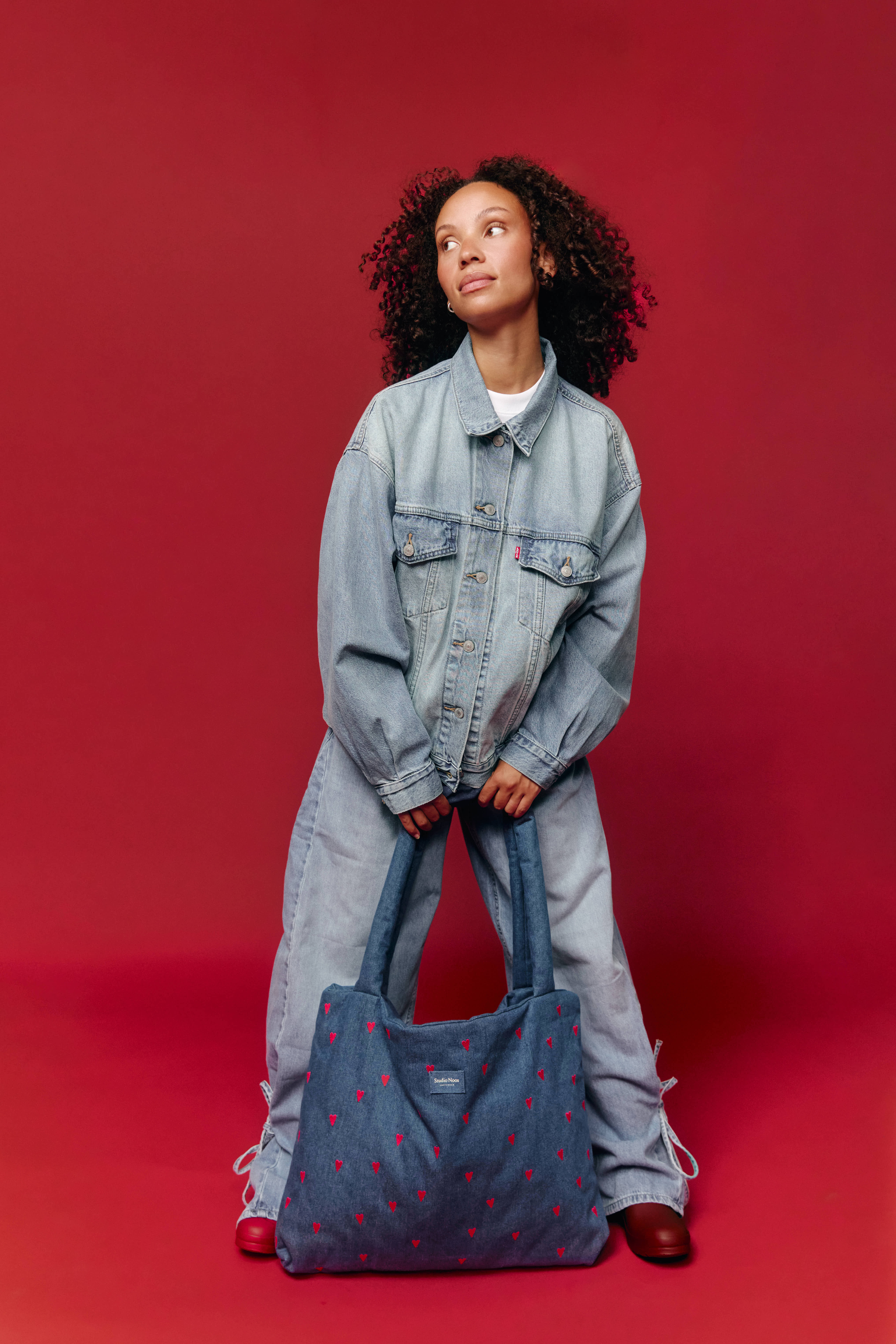 Studio Noos Denim Mom Bag Dark Blue Red Hearts