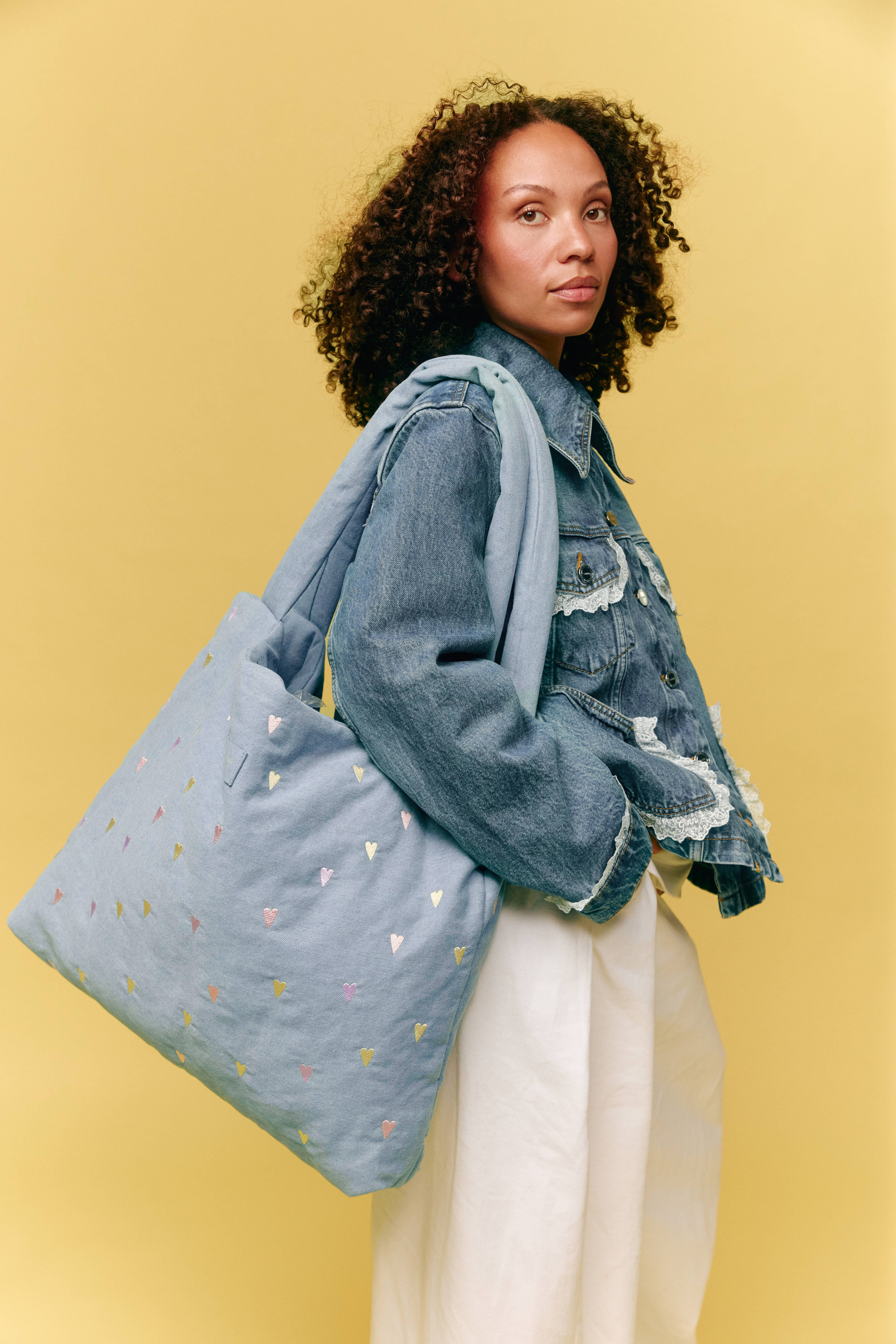 Studio Noos Denim Mom Bag Light Blue Hearts