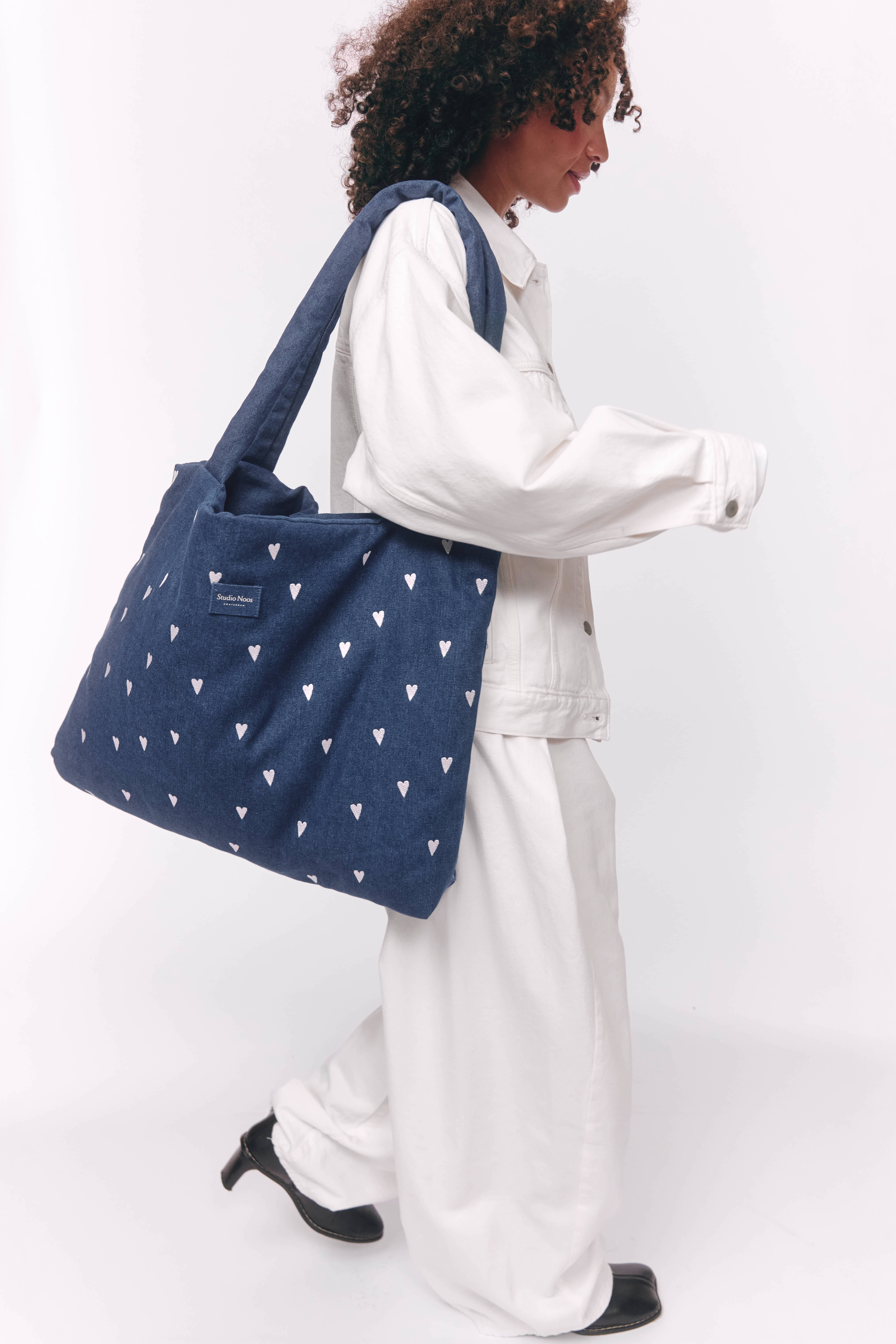 Studio Noos Denim Mom Bag Dark Blue White Hearts